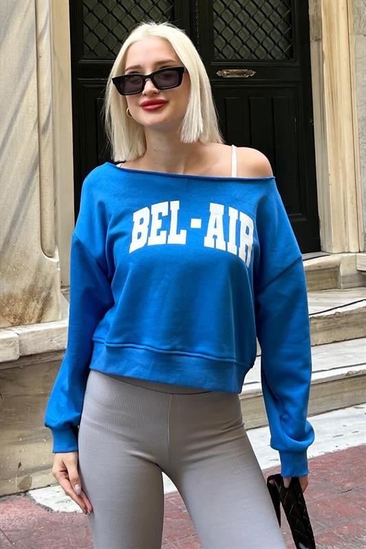 Saks Kayık Yaka Baskılı Kadın Sweatshirt MG2205