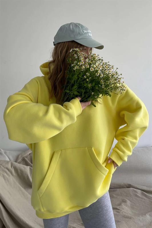 Sarı Kapüşonlu Şardonlu Oversize Kadın Sweatshirt MG1566