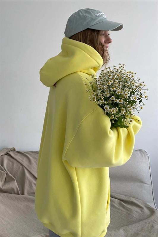 Sarı Kapüşonlu Şardonlu Oversize Kadın Sweatshirt MG1566