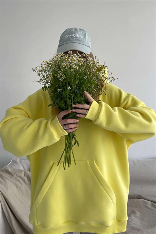 Sarı Kapüşonlu Şardonlu Oversize Kadın Sweatshirt MG1566