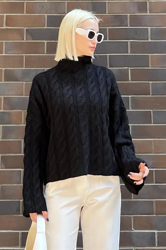 Siyah Balıkçı Yaka Örme Triko Kazak MG2172