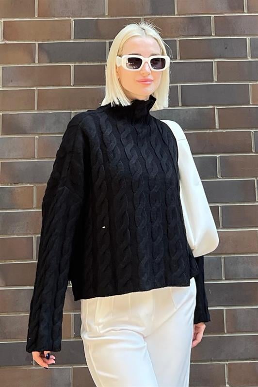 Siyah Balıkçı Yaka Örme Triko Kazak MG2172