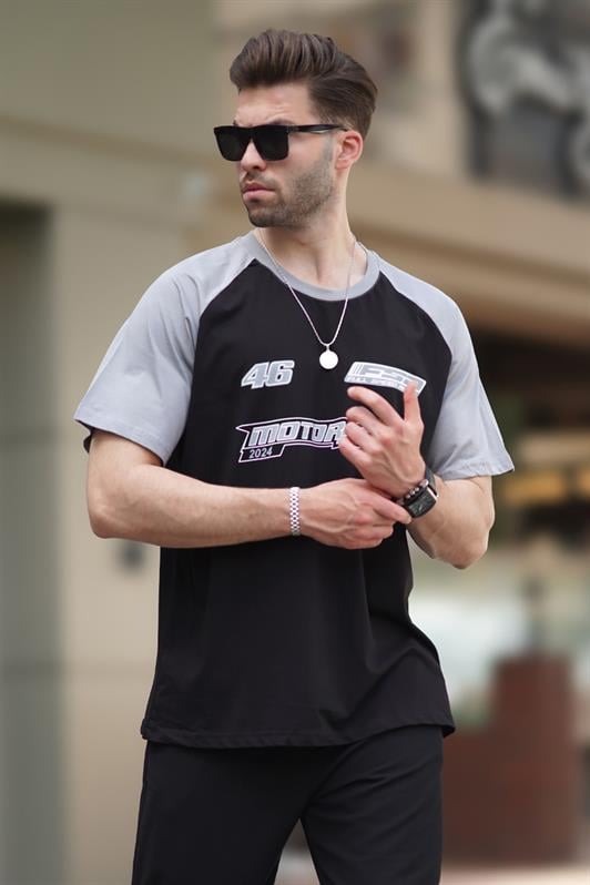 Siyah Baskılı Pamuklu Kısa Kollu Erkek Tişört 7034