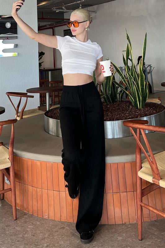 Siyah Beli Ayarlanabilir Geniş Paça Pantolon MG2089