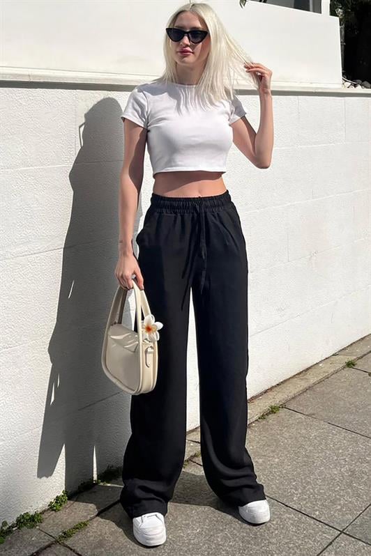 Siyah Beli Büzgülü Bol Paça Kadın Pantolon MG2011