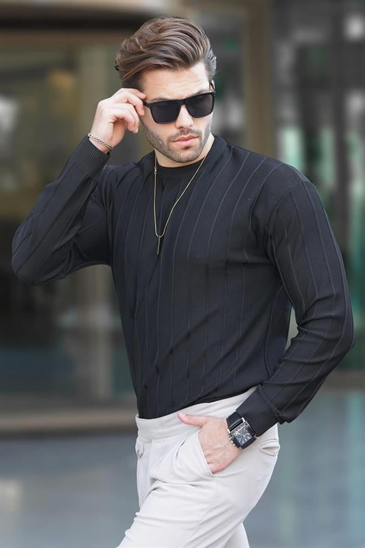 Siyah Erkek Bisiklet Yaka Çizgili Uzun Kollu Kazak 7244