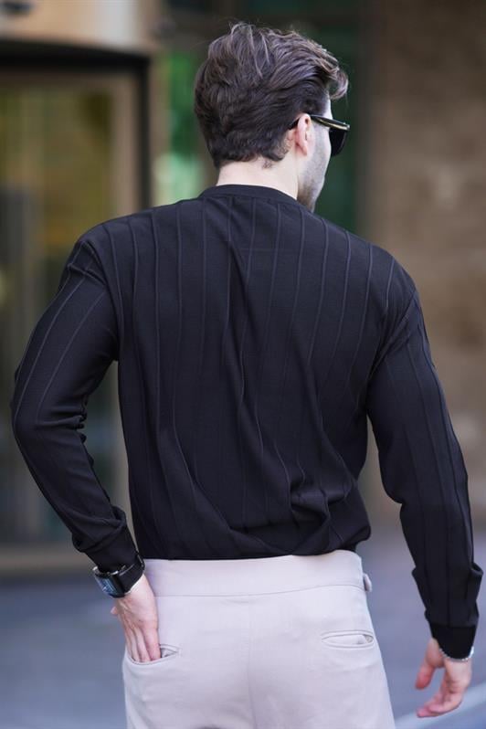 Siyah Erkek Bisiklet Yaka Çizgili Uzun Kollu Kazak 7244