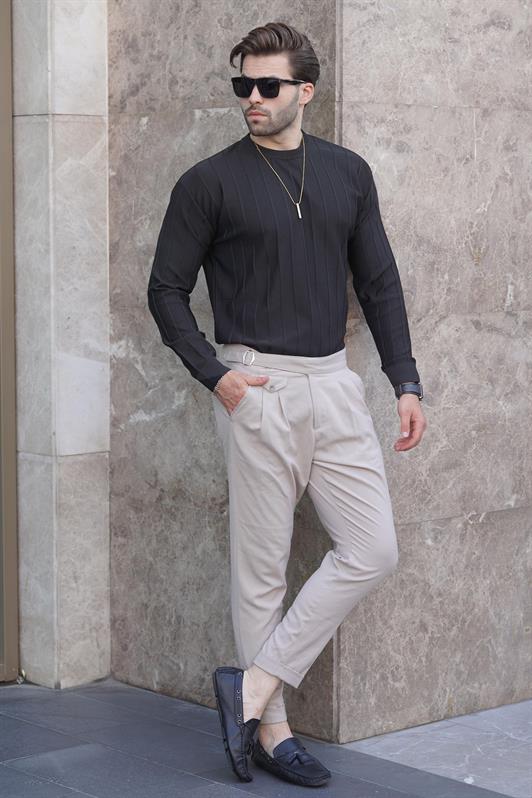 Siyah Erkek Bisiklet Yaka Çizgili Uzun Kollu Kazak 7244