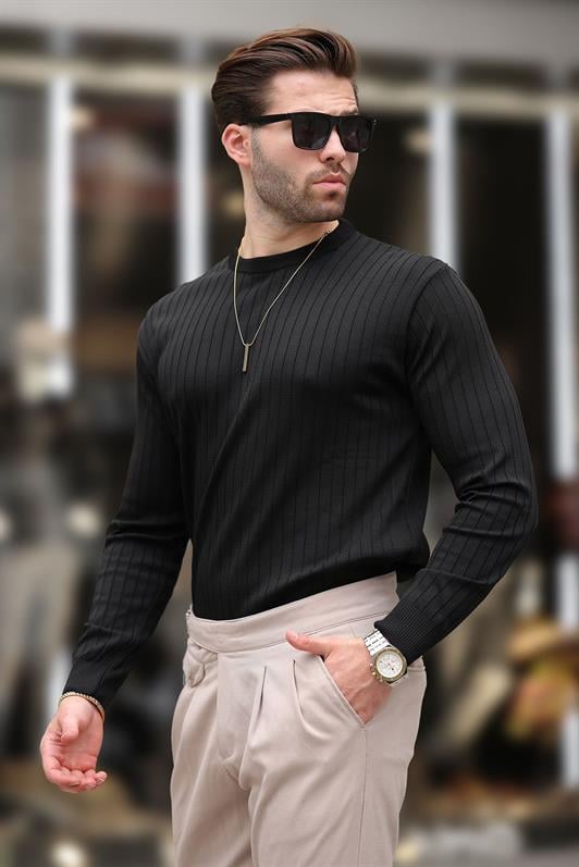 Siyah Bisiklet Yaka Çizgili Uzun Kollu  Kazak E7273