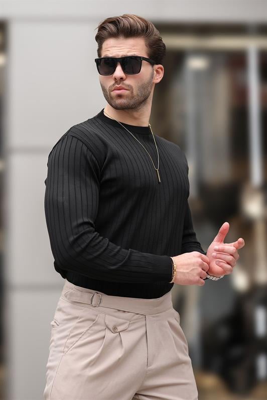 Siyah Bisiklet Yaka Çizgili Uzun Kollu  Kazak E7273