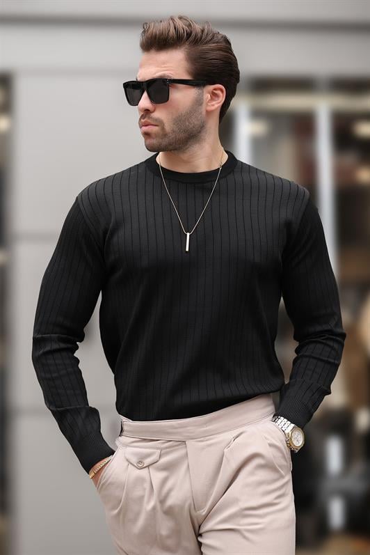 Siyah Bisiklet Yaka Çizgili Uzun Kollu  Kazak E7273