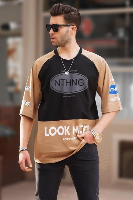 Siyah Bisiklet Yaka Renk Bloklu Baskılı Erkek Tişört 7027