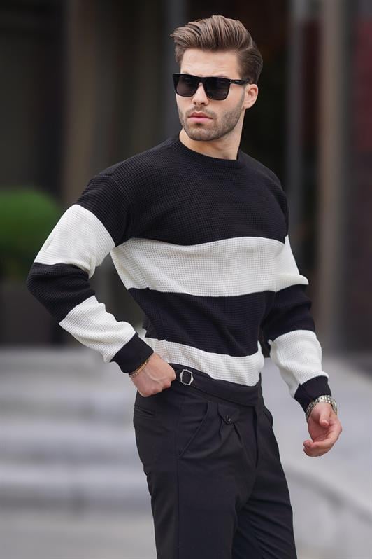 Siyah Erkek Bisiklet Yaka Renk Bloklu Uzun Kollu Örme Kazak 7236