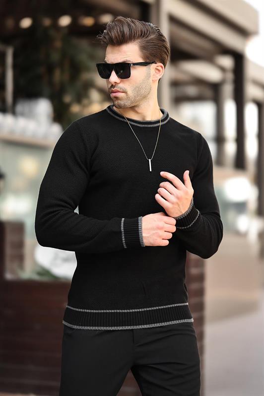 Siyah Erkek Bisiklet Yaka Şerit Detaylı Uzun Kollu Örme Kazak 7245