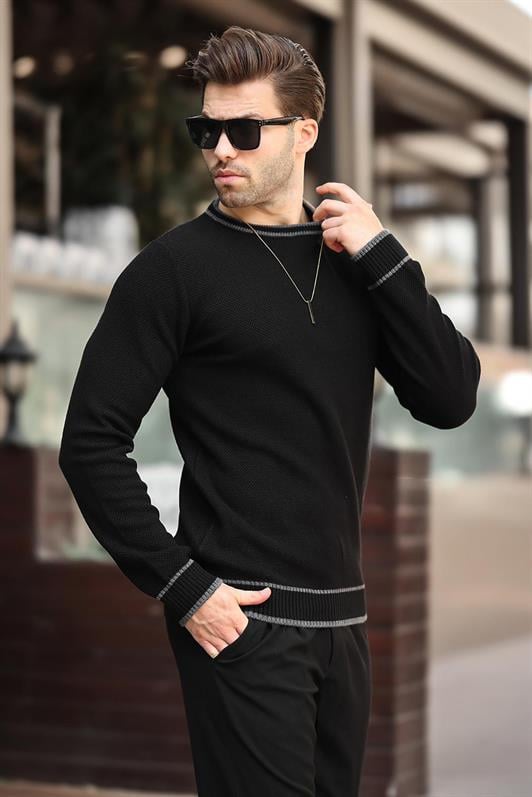 Siyah Erkek Bisiklet Yaka Şerit Detaylı Uzun Kollu Örme Kazak 7245