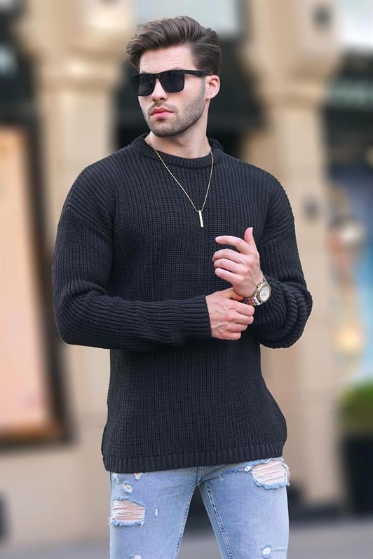 Siyah Erkek Bisiklet Yaka Uzun Kollu Örme Kazak 7246