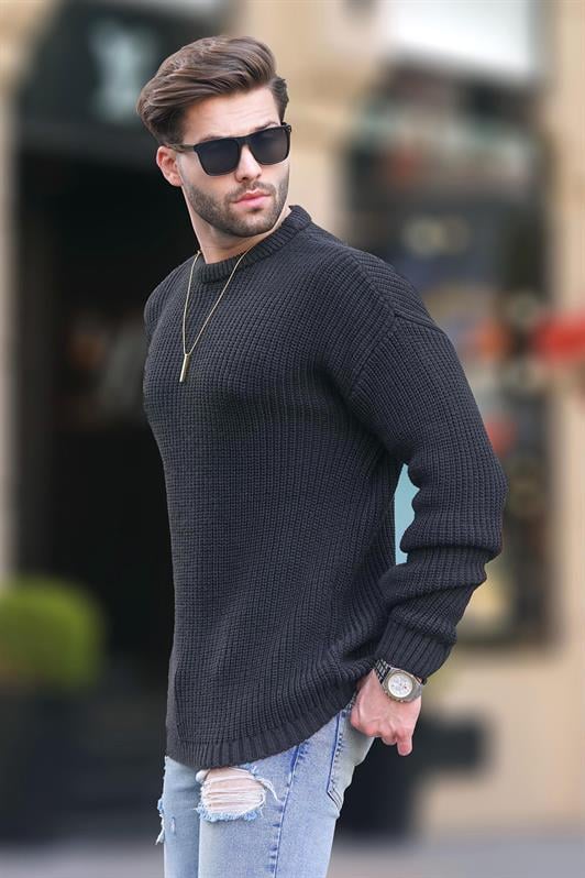 Siyah Erkek Bisiklet Yaka Uzun Kollu Örme Kazak 7246