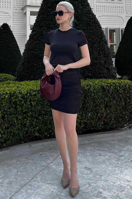 Siyah Büzgülü Mini Kadın Elbise MG1739