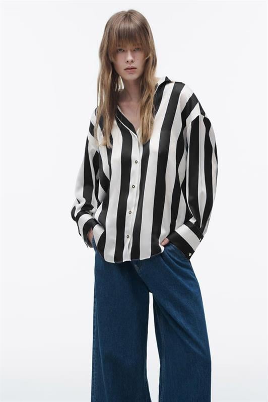 Siyah Çizgili Oversize Kadın Gömlek MG1850