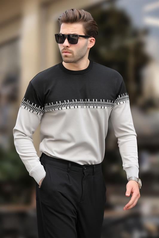 Siyah Desenli İki Renk Bisiklet Yaka Erkek Triko Kazak 7276