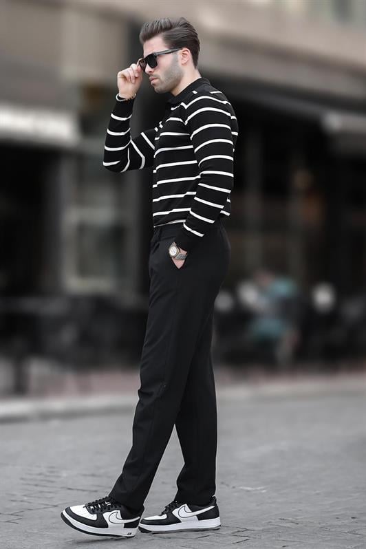 Siyah Düğmeli Polo Yaka Çizgili Uzun Kollu Kazak 7263