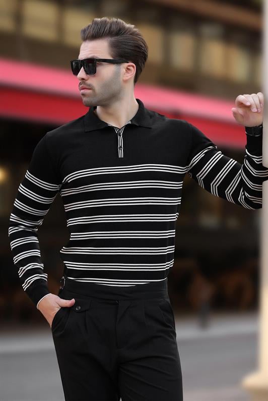 Siyah Düğmeli Polo Yaka Çizgili Uzun Kollu Kazak 7270