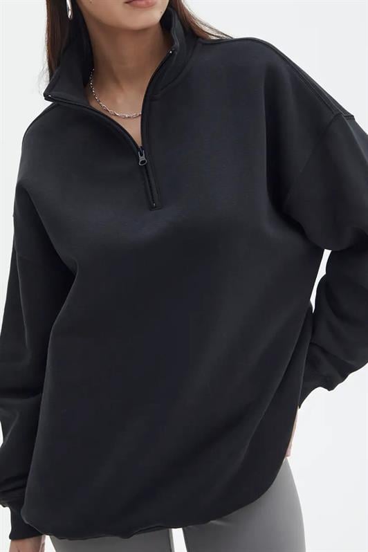 Siyah Fermuar Detaylı Oversize Kadın Sweatshirt MG1933