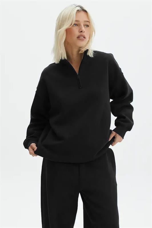 Siyah Fermuar Detaylı Oversize Kadın Sweatshirt MG1933