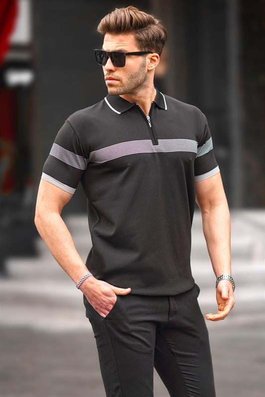 Siyah Fermuar Detaylı Polo Yaka Erkek Tişört 6879