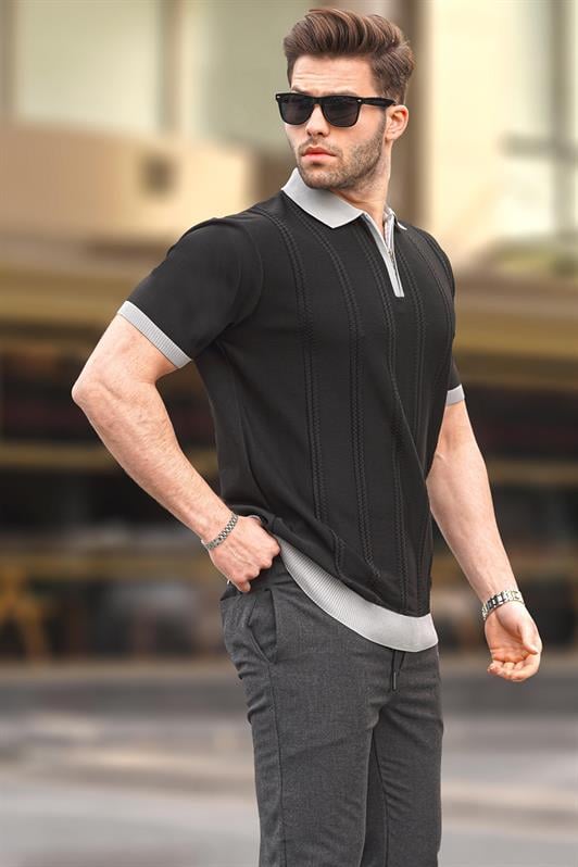 Siyah Fermuar Detaylı Polo Yaka Erkek Tişört 6874