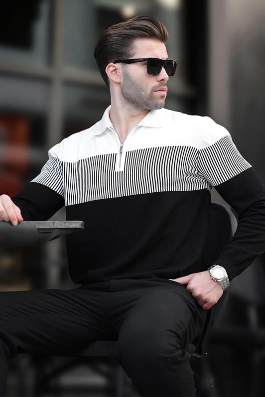 Siyah Fermuar Yaka Renk Bloklu Uzun Kollu Kazak 7262