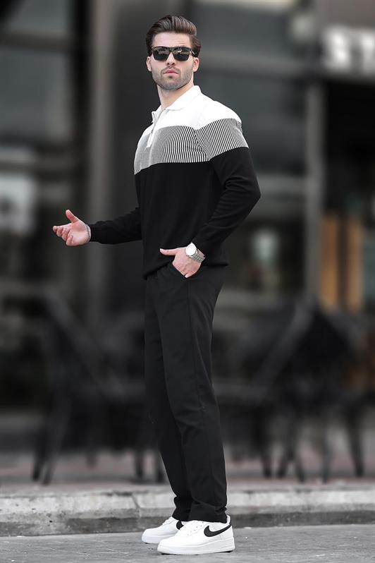 Siyah Fermuar Yaka Renk Bloklu Uzun Kollu Kazak 7262