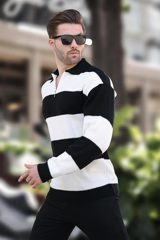 Siyah Fermuar Yaka Renk Bloklu Uzun Kollu Kazak 7280