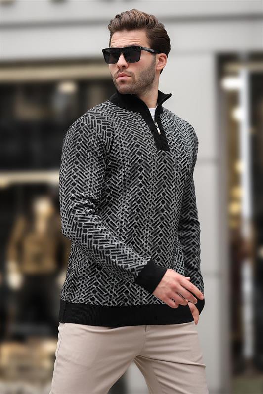 Siyah Fermuar Yaka Uzun Kollu Desenli Örme Kazak E7287