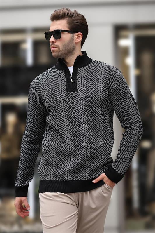 Siyah Fermuar Yaka Uzun Kollu Desenli Örme Kazak E7287