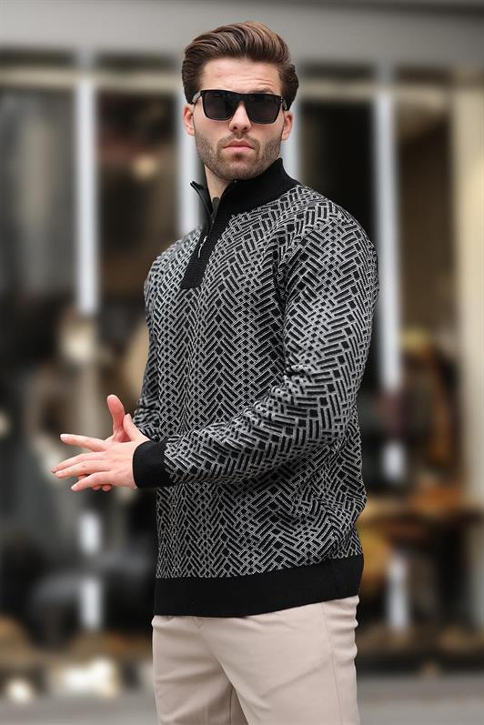 Siyah Fermuar Yaka Uzun Kollu Desenli Örme Kazak E7287