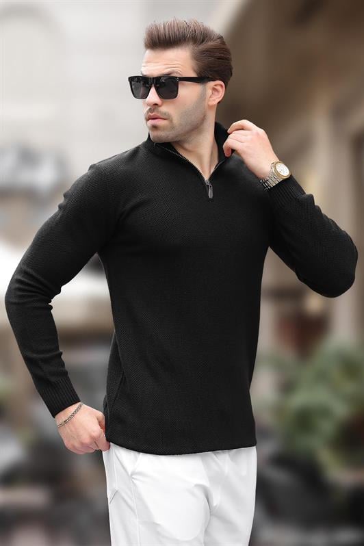 Siyah Fermuar Yaka Uzun Kollu Örme Kazak 7286