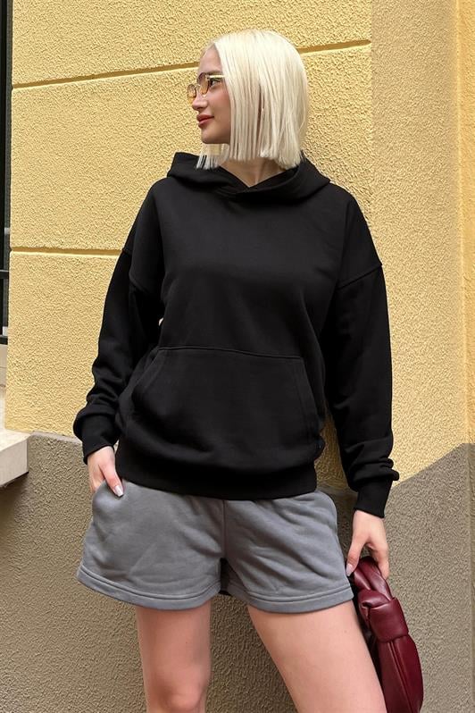 Siyah Kapüşonlu Oversize Cepli Sweatshirt MG2207