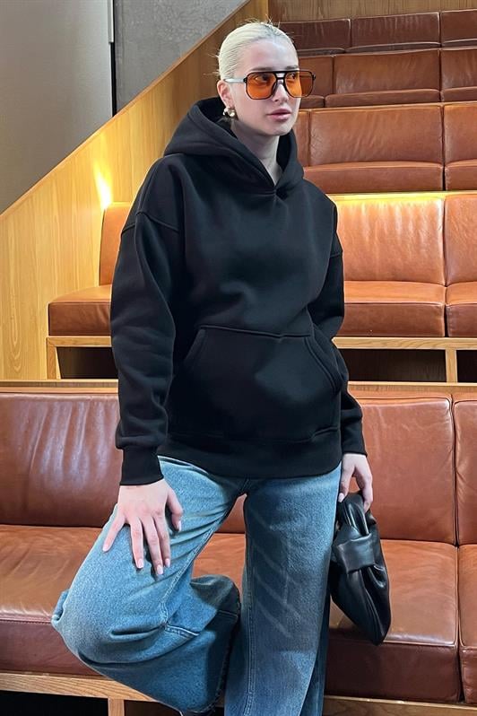 Siyah Kapüşonlu Şardonlu Oversize Cepli Sweatshirt MG2206