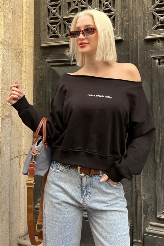 Siyah Kayık Yaka Baskılı Kadın Sweatshirt MG2205