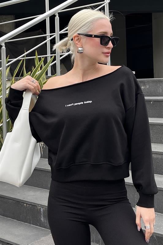 Siyah Kayık Yaka Baskılı Kadın Sweatshirt MG2205