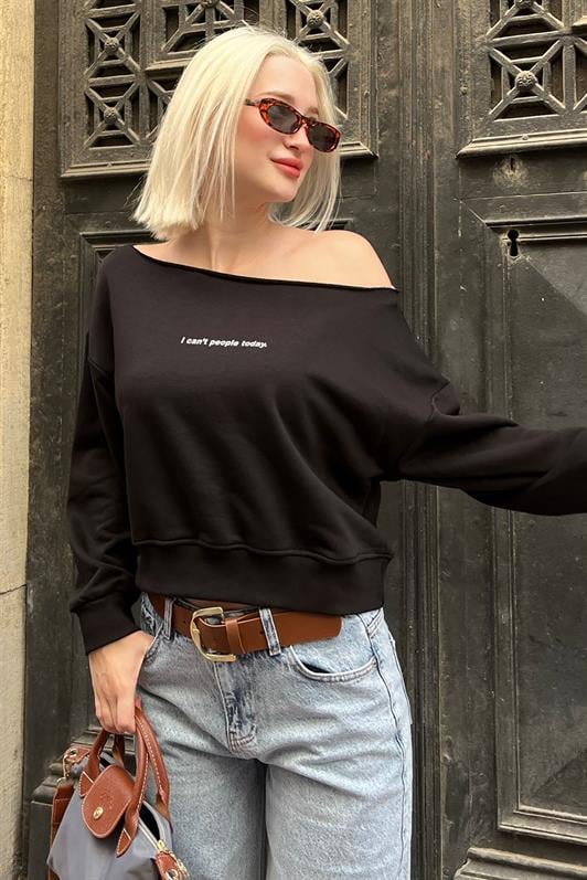 Siyah Kayık Yaka Baskılı Kadın Sweatshirt MG2205