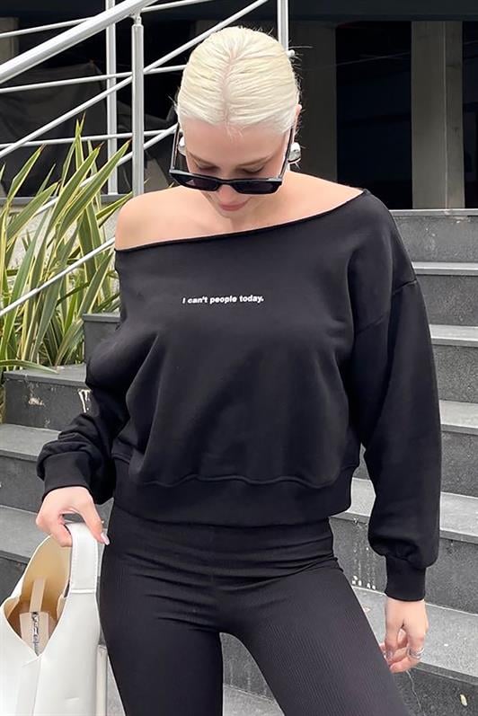 Siyah Kayık Yaka Baskılı Kadın Sweatshirt MG2205