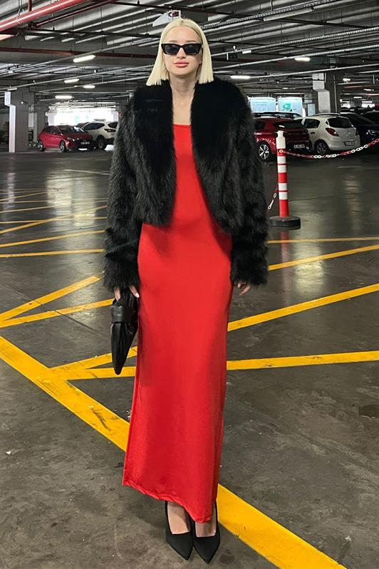 Siyah Kruvaze Yaka Yumuşak Doku Astarlı Kadın Kürk MG2175