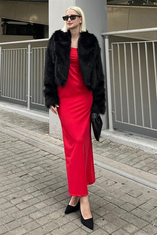 Siyah Kruvaze Yaka Yumuşak Doku Astarlı Kadın Kürk MG2175