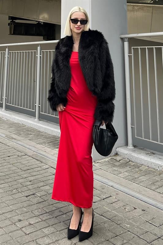 Siyah Kruvaze Yaka Yumuşak Doku Astarlı Kadın Kürk MG2175