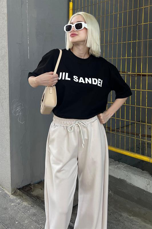 Siyah Oversize Baskılı Bisiklet Yaka Kısa Kollu Kadın Tişört MG2126