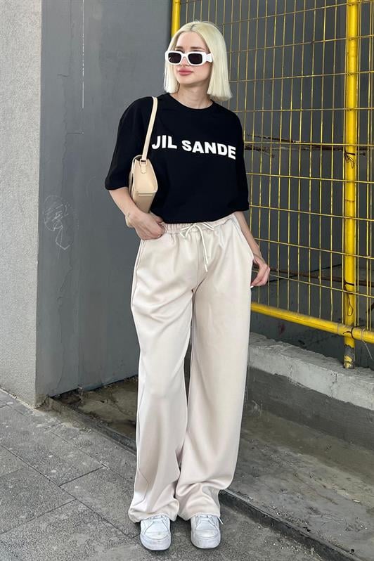 Siyah Oversize Baskılı Bisiklet Yaka Kısa Kollu Kadın Tişört MG2126