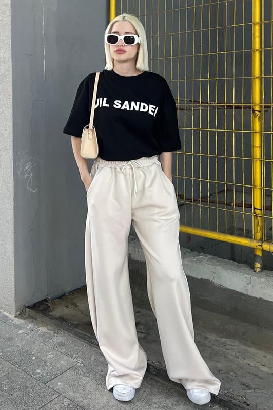 Siyah Oversize Baskılı Bisiklet Yaka Kısa Kollu Kadın Tişört MG2126