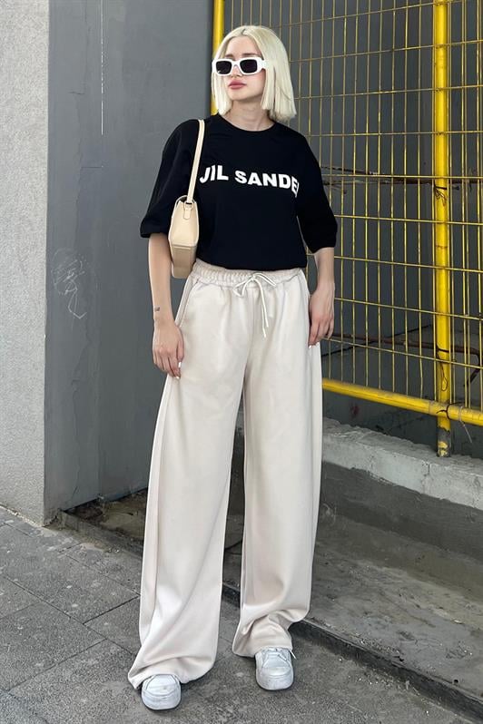 Siyah Oversize Baskılı Bisiklet Yaka Kısa Kollu Kadın Tişört MG2126